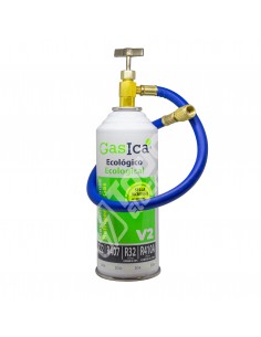 Pack Gas refrigerante ecológico GASICA V2 sustituto R22/R32/R407/R290 y R410A 226gr más manguera con llave