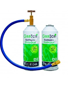 Pack ahorro (2x226Gr) Botellas Gas Refrigerante Ecológico Gasica D2 sustituto de R12, R134A más manguera con llave recarga Gas