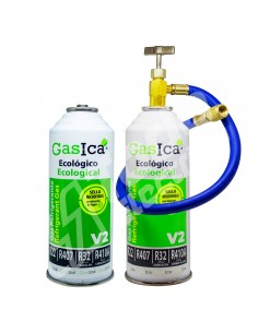 Pack 2 Botellas Gas refrigerante orgánico Gasica V2 Sustituto R22/R407 R410A con Manguera recarga aire acondicionado