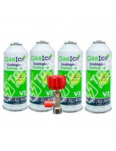Pack 4 Botellas Gas refrigerante orgánico GASICA V2 sustituto R22/R407/R290 y R410A 226gr + Llave de servicio