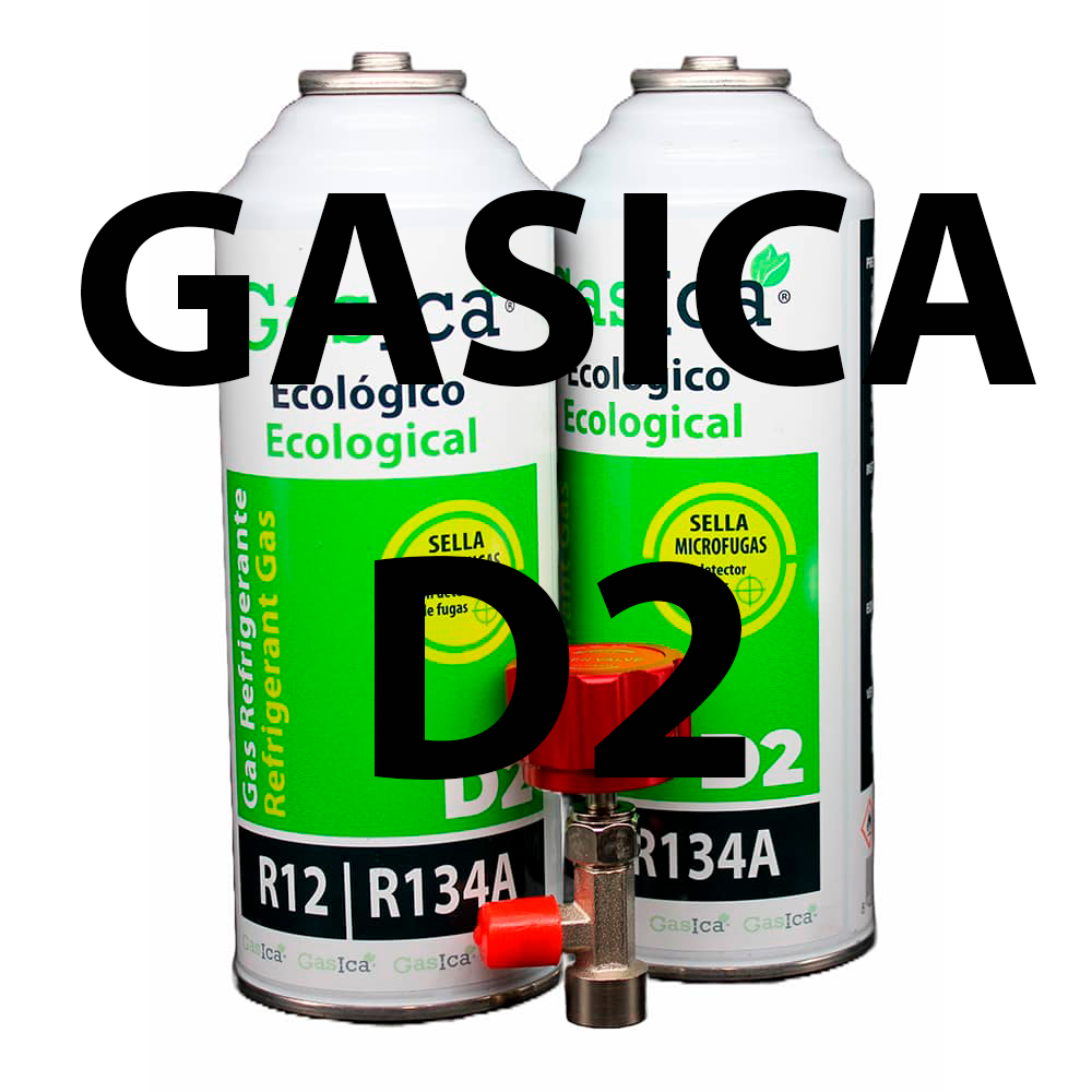 Pack ahorro (2x226Gr) Botellas Gas Refrigerante Gasica D2 sustituto de R12, R134A con llave recarga Gas
