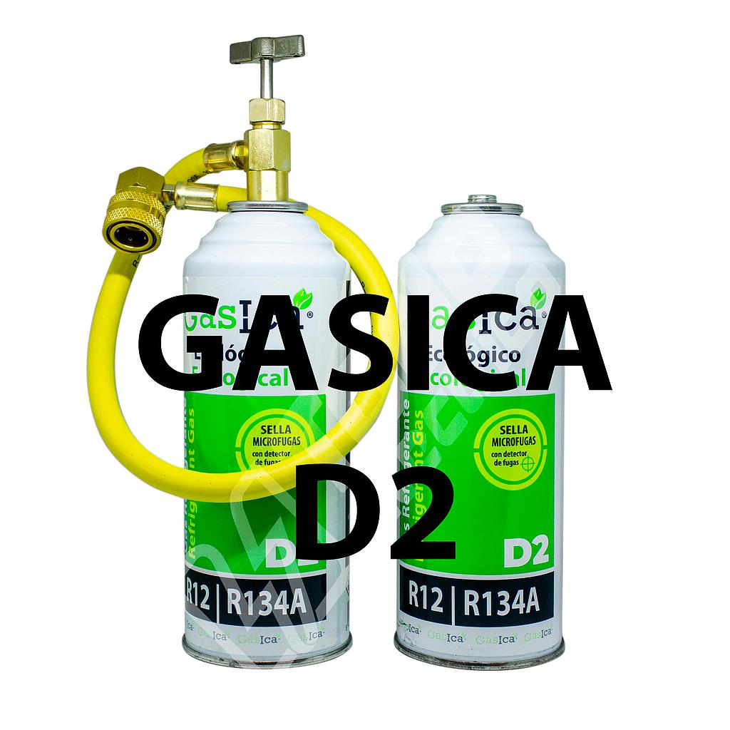 Pack ahorro (2x226Gr) Gas Refrigerante Gasica D2 sustituto de R12, R134A más manguera con llave y conector rápido para coche