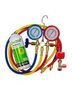 Pack Botellas Gas refrigerante orgánico Gasica D2 Sustituto R12/R134a más Kit Mangueras con manómetro recarga aire acondicionado