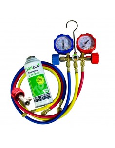 Pack Botella Gas refrigerante Gasica V2 Sustituto R22/R407 R410A más Kit Mangueras con manómetros y llave de paso