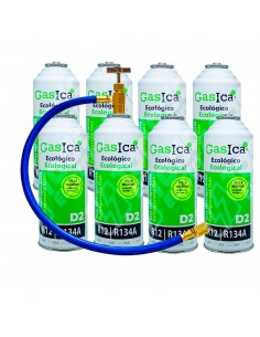 4 pack ahorro (2x226Gr) Botellas Gas Refrigerante Gasica D2 sustituto de R12, R134A más manguera con llave recarga Gas