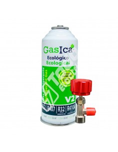 Gas refrigerante orgánico ecológico GASICA V2 sustituto del gas R22, R407, R32, R410A y R290 más llave de servicio