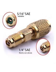 Adaptador 1/4 macho SAE a 5/16 hembra SAE con depresor de núcleo de válvula